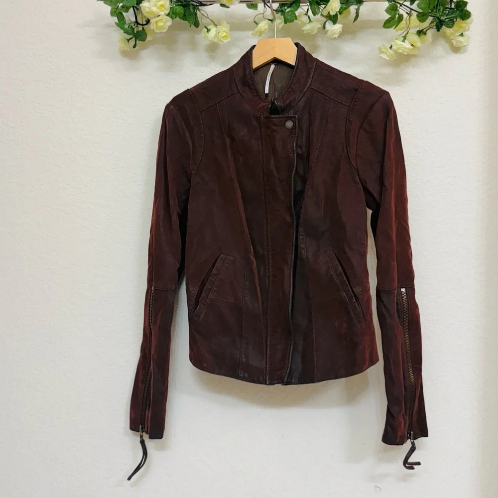 Free People • Mahogany Moto Jacket with Rib Trim and Zipper Detailing